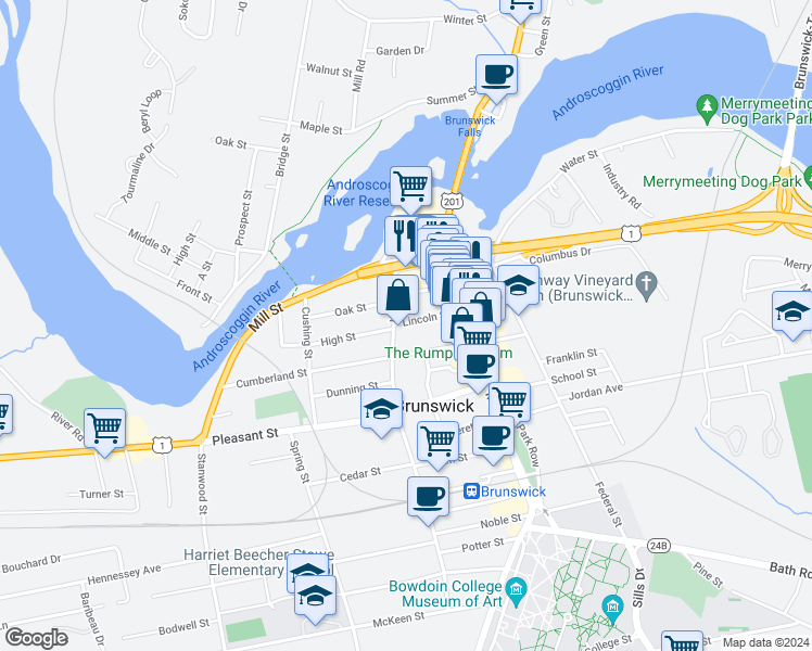 map of restaurants, bars, coffee shops, grocery stores, and more near 9 Gilman Avenue in Brunswick