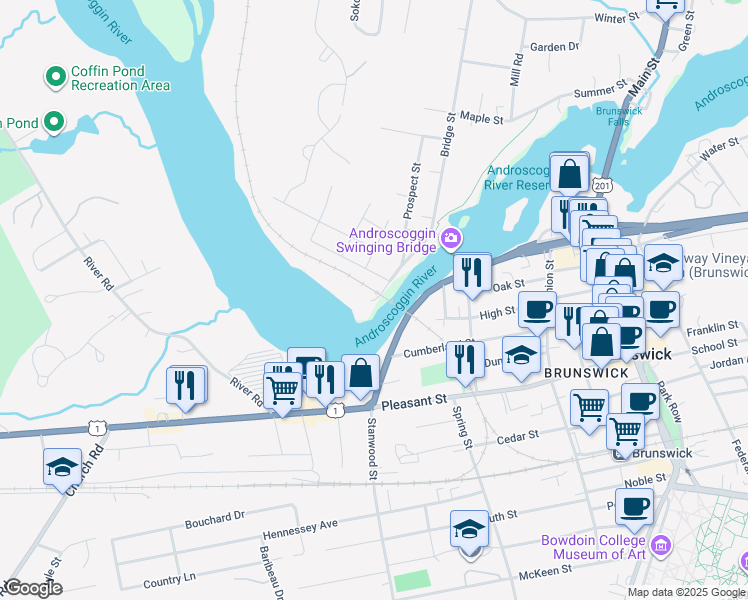 map of restaurants, bars, coffee shops, grocery stores, and more near 9 Front Street in Topsham