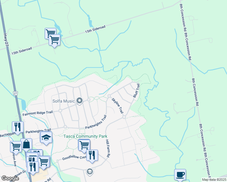 map of restaurants, bars, coffee shops, grocery stores, and more near 32 Wedgeport Court in Nobleton