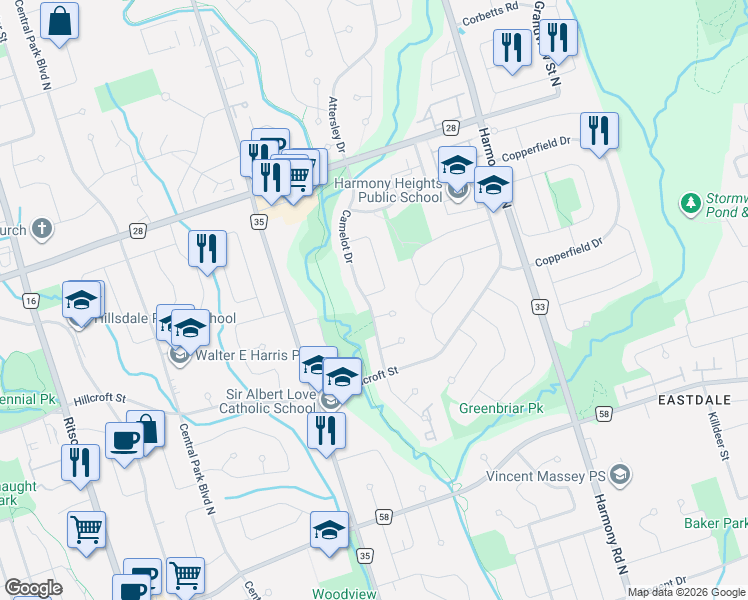 map of restaurants, bars, coffee shops, grocery stores, and more near 489 Lancelot Crescent in Oshawa
