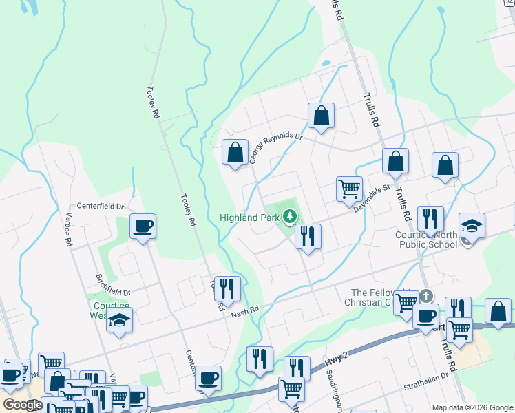map of restaurants, bars, coffee shops, grocery stores, and more near 54 George Reynolds Drive in Courtice