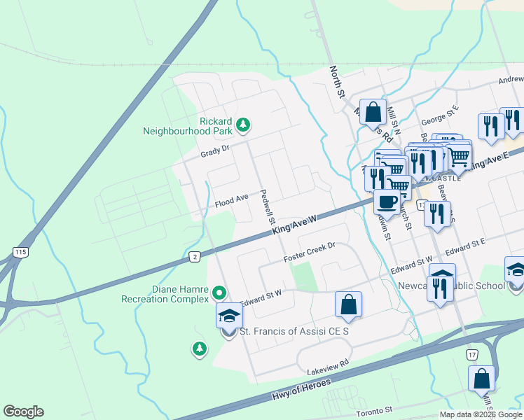 map of restaurants, bars, coffee shops, grocery stores, and more near 56 Pedwell Street in Clarington