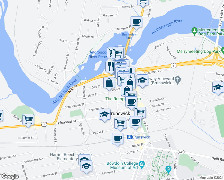 map of restaurants, bars, coffee shops, grocery stores, and more near 9 Gilman Avenue in Brunswick
