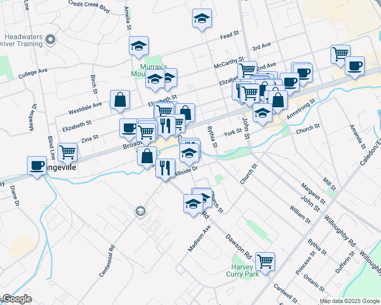 map of restaurants, bars, coffee shops, grocery stores, and more near 268 Broadway in Orangeville