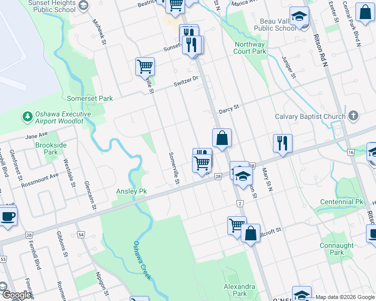 map of restaurants, bars, coffee shops, grocery stores, and more near in Oshawa