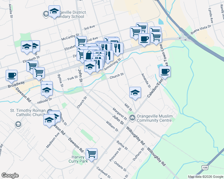 map of restaurants, bars, coffee shops, grocery stores, and more near 61 Mill Street in Orangeville