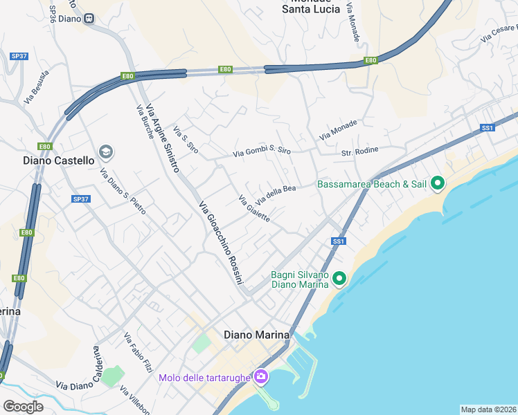 map of restaurants, bars, coffee shops, grocery stores, and more near 12 Via della Bea in Diano Marina