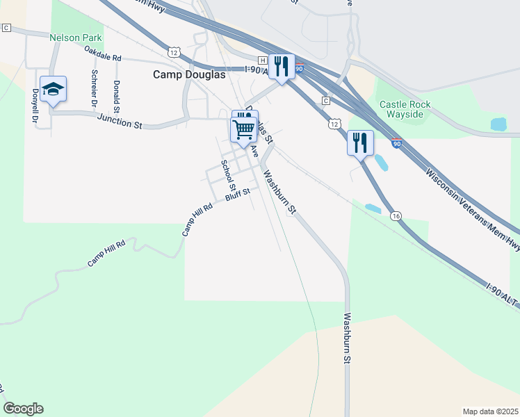 map of restaurants, bars, coffee shops, grocery stores, and more near 309 Main Street in Camp Douglas