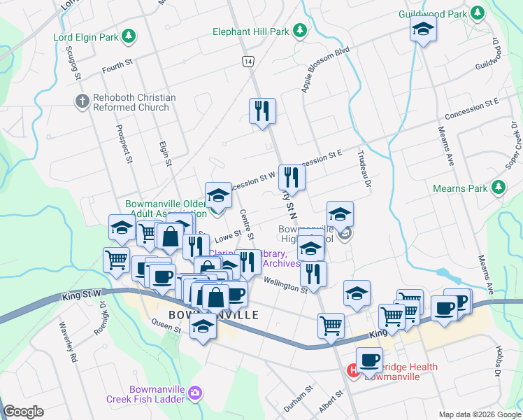 map of restaurants, bars, coffee shops, grocery stores, and more near 108 Liberty Street North in Bowmanville