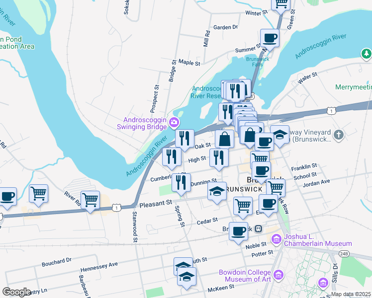 map of restaurants, bars, coffee shops, grocery stores, and more near 4 Oak St in Brunswick