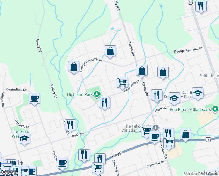 map of restaurants, bars, coffee shops, grocery stores, and more near 32 Firwood Avenue in Courtice
