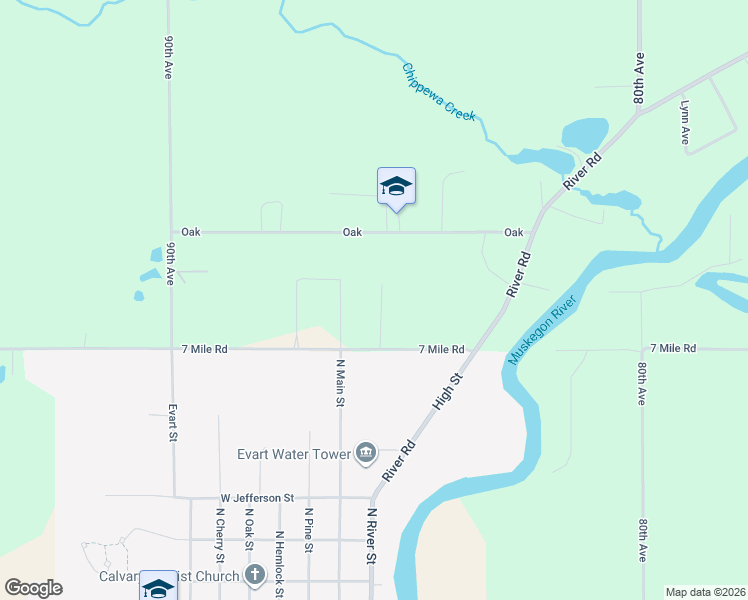 map of restaurants, bars, coffee shops, grocery stores, and more near 8560 7 Mile Road in Evart