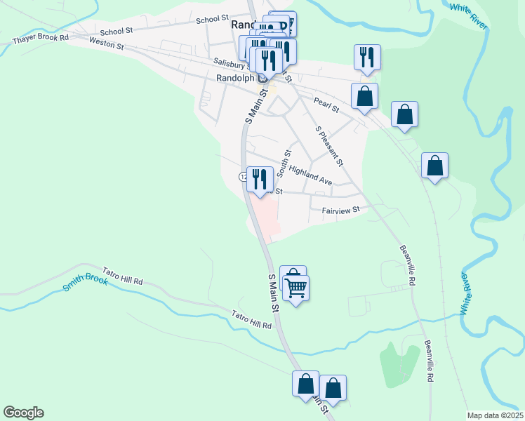 map of restaurants, bars, coffee shops, grocery stores, and more near 44 South Main Street in Randolph