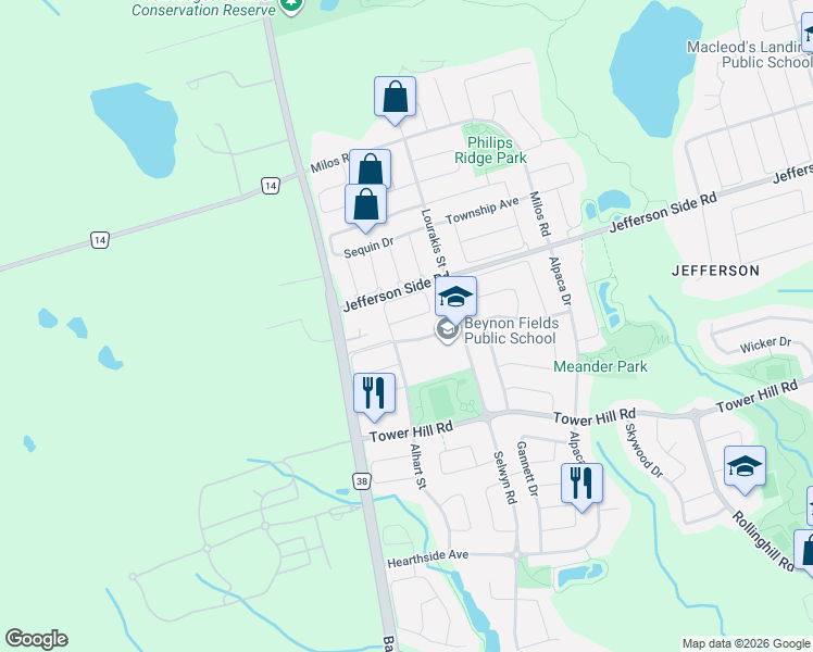 map of restaurants, bars, coffee shops, grocery stores, and more near 87 Estrella Crescent in Richmond Hill