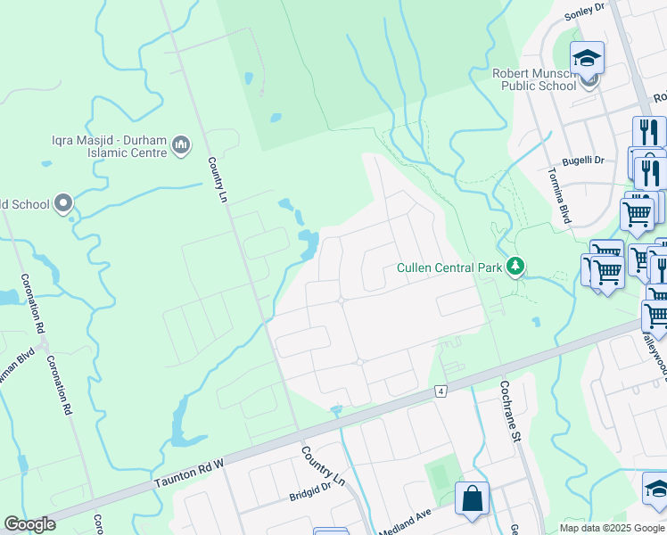 map of restaurants, bars, coffee shops, grocery stores, and more near 10 Audubon Street in Whitby