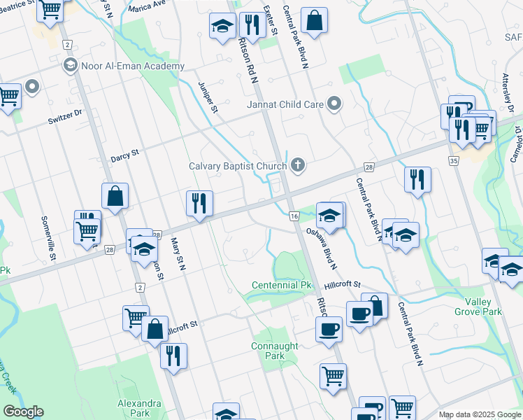 map of restaurants, bars, coffee shops, grocery stores, and more near 255 Durham Regional Road 28 in Oshawa