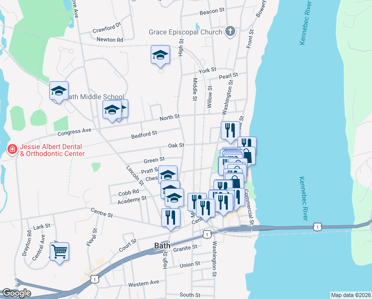 map of restaurants, bars, coffee shops, grocery stores, and more near 109 Oak Street in Bath