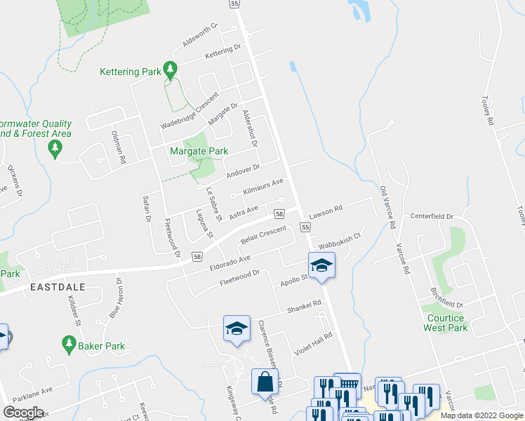 map of restaurants, bars, coffee shops, grocery stores, and more near 406 Vega Street in Oshawa