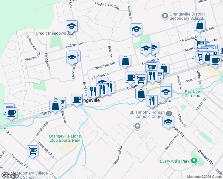 map of restaurants, bars, coffee shops, grocery stores, and more near 317 Broadway in Orangeville