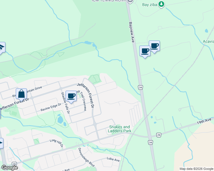 map of restaurants, bars, coffee shops, grocery stores, and more near 66 Bush Ridges Avenue in Richmond Hill