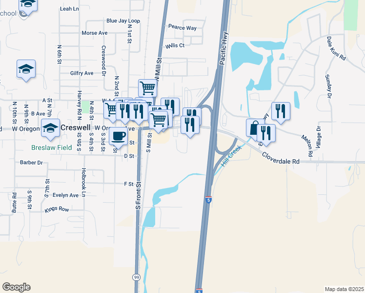 map of restaurants, bars, coffee shops, grocery stores, and more near 345 East Oregon Avenue in Creswell