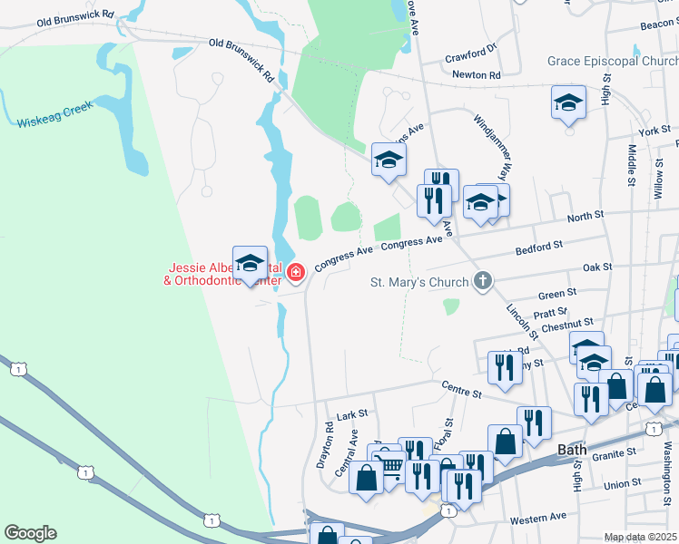 map of restaurants, bars, coffee shops, grocery stores, and more near 12 Aegis Drive in Bath
