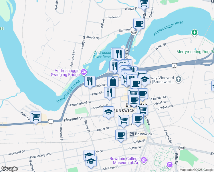 map of restaurants, bars, coffee shops, grocery stores, and more near 4 Oak Street in Brunswick