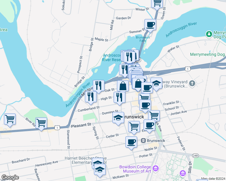 map of restaurants, bars, coffee shops, grocery stores, and more near 12 Oak Street in Brunswick