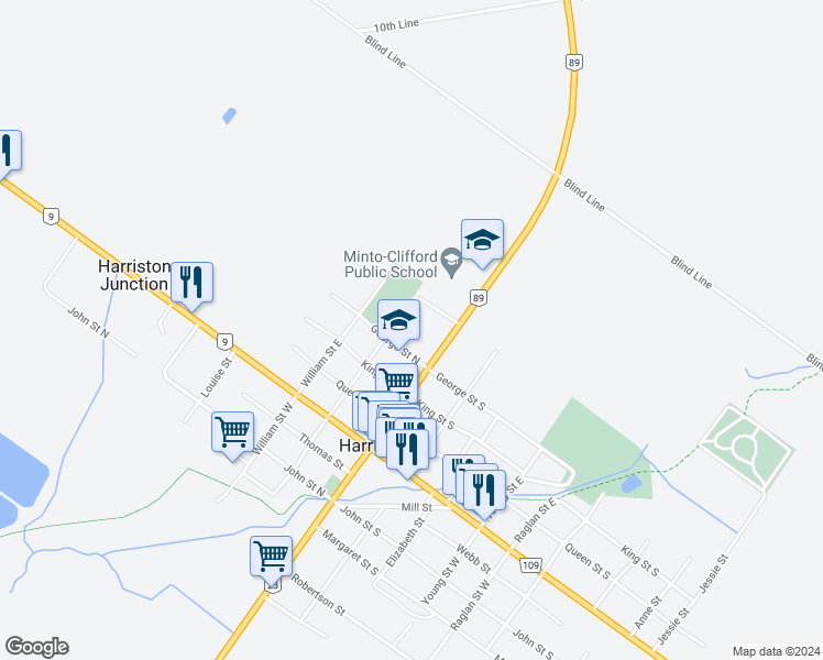 map of restaurants, bars, coffee shops, grocery stores, and more near 13 George Street North in Minto