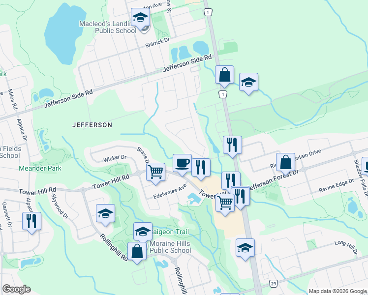 map of restaurants, bars, coffee shops, grocery stores, and more near 55 Townwood Drive in Richmond Hill