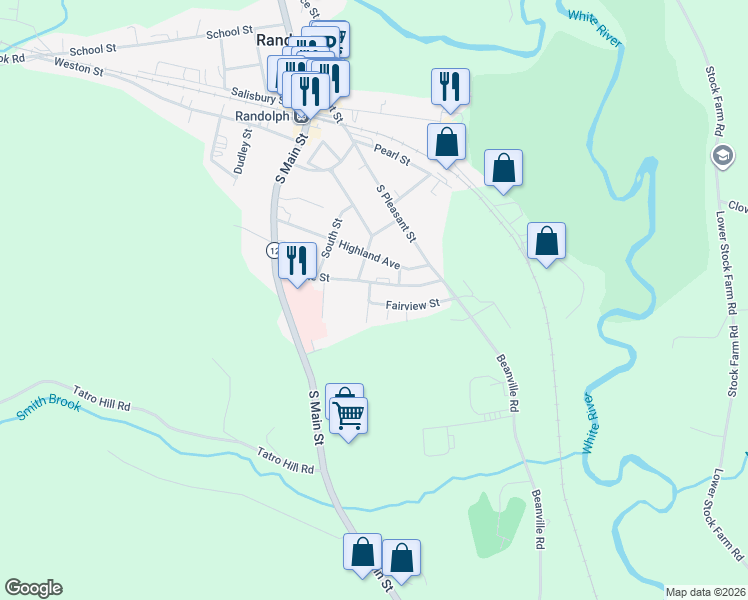 map of restaurants, bars, coffee shops, grocery stores, and more near 27 Maple Street in Randolph