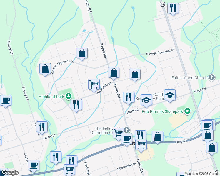 map of restaurants, bars, coffee shops, grocery stores, and more near 33 Mossgrove Court in Courtice