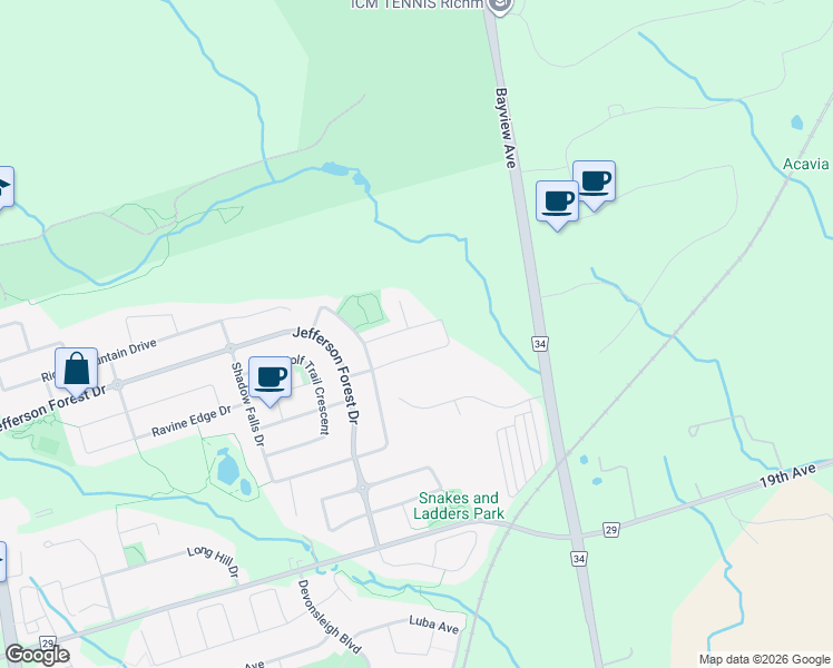 map of restaurants, bars, coffee shops, grocery stores, and more near 62 Bush Ridges Avenue in Richmond Hill