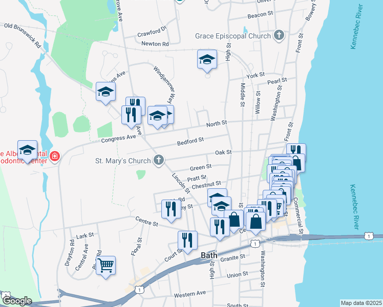 map of restaurants, bars, coffee shops, grocery stores, and more near 173 Oak Street in Bath