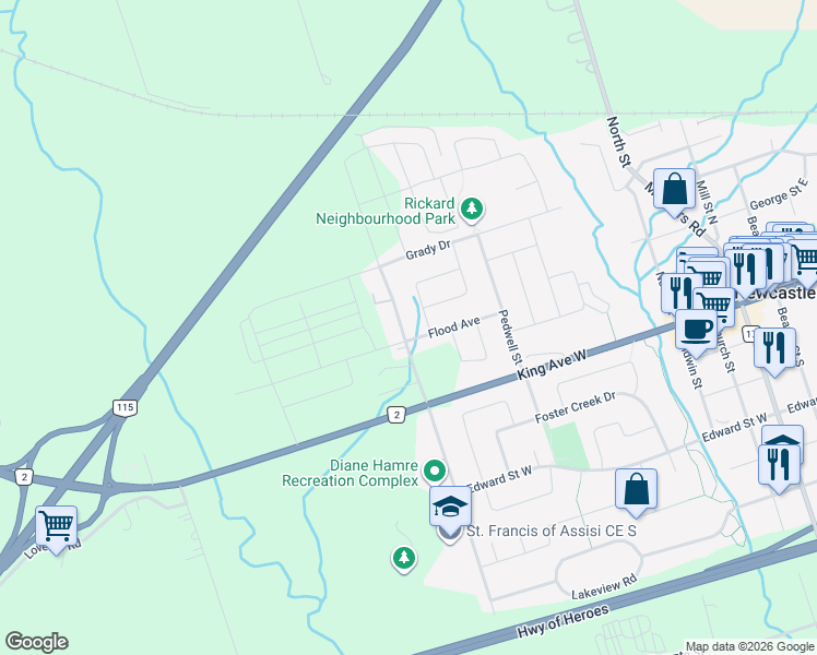 map of restaurants, bars, coffee shops, grocery stores, and more near 14 Erskine Drive in Newcastle