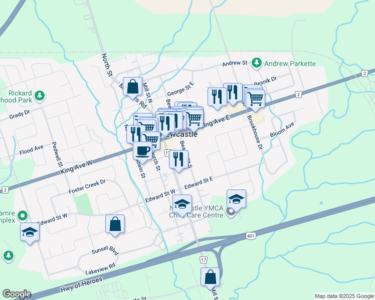 map of restaurants, bars, coffee shops, grocery stores, and more near 109 King Avenue East in Newcastle