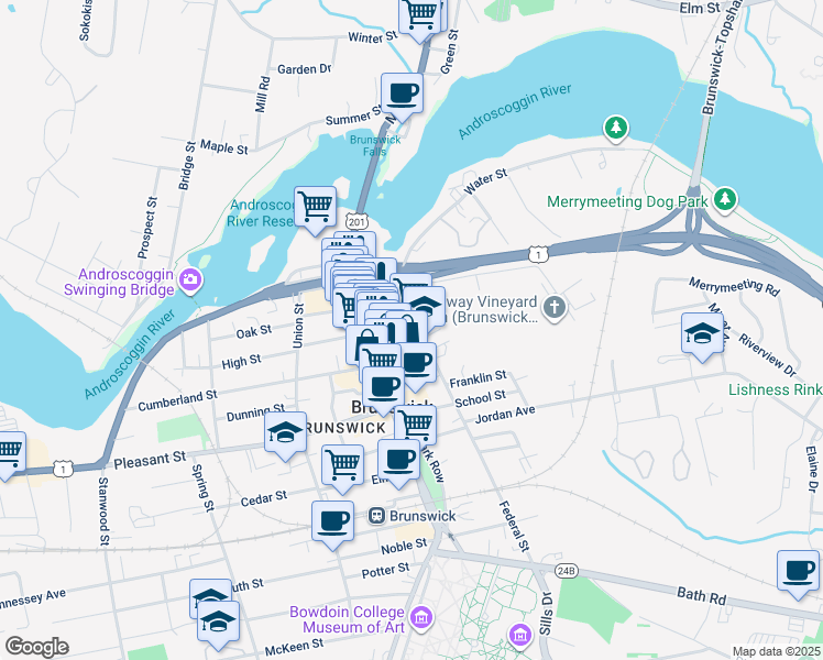 map of restaurants, bars, coffee shops, grocery stores, and more near 12 Federal Street in Brunswick