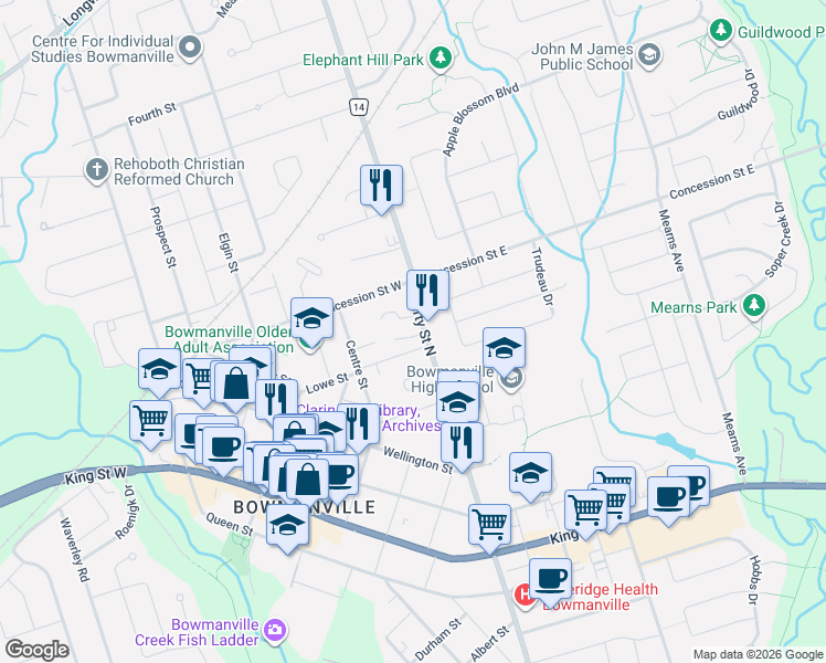 map of restaurants, bars, coffee shops, grocery stores, and more near 100 Liberty Street North in Clarington