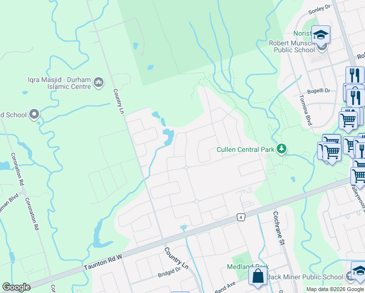 map of restaurants, bars, coffee shops, grocery stores, and more near 14 Audubon Street in Whitby