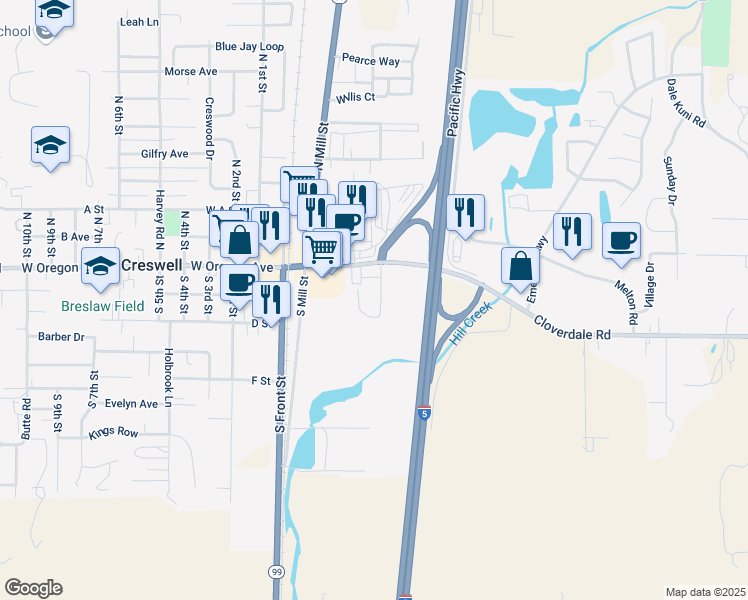 map of restaurants, bars, coffee shops, grocery stores, and more near 345 East Oregon Avenue in Creswell