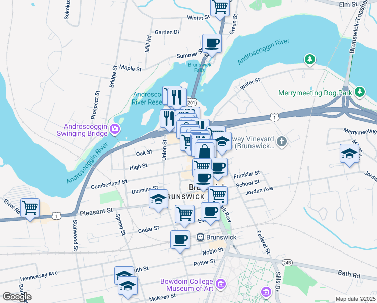map of restaurants, bars, coffee shops, grocery stores, and more near 69 Maine Street in Brunswick