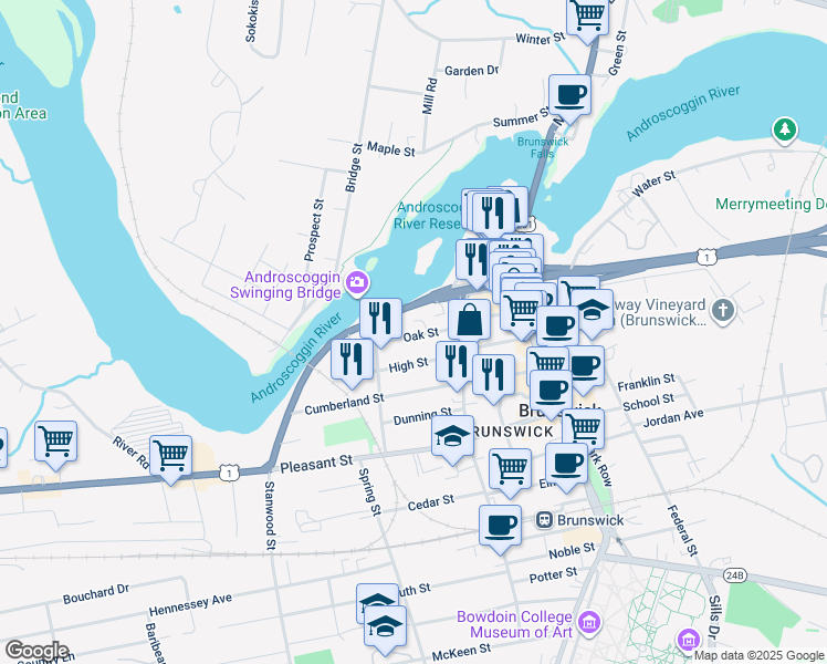 map of restaurants, bars, coffee shops, grocery stores, and more near 12 Oak Street in Brunswick