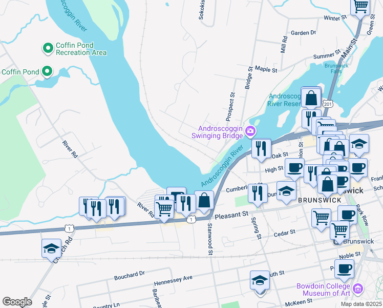 map of restaurants, bars, coffee shops, grocery stores, and more near 6 Twin Pines in Topsham