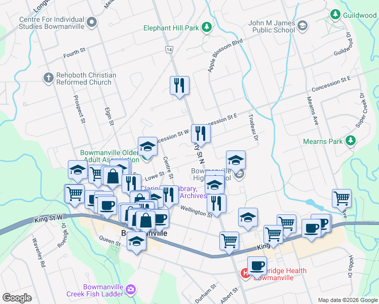 map of restaurants, bars, coffee shops, grocery stores, and more near 108 Liberty Street North in Bowmanville