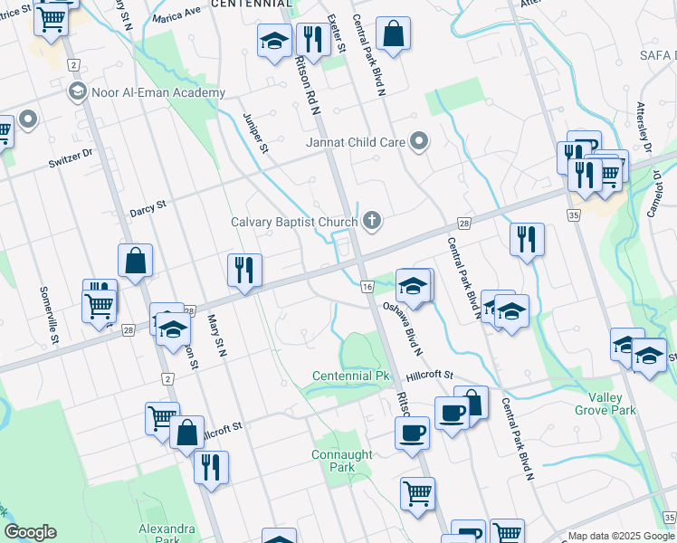 map of restaurants, bars, coffee shops, grocery stores, and more near 255 Durham Regional Road 28 in Oshawa