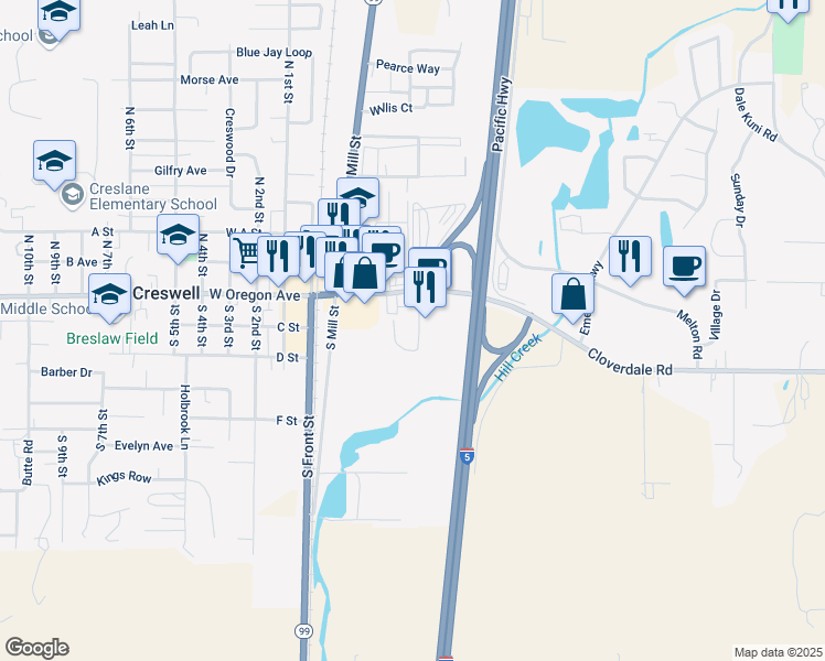 map of restaurants, bars, coffee shops, grocery stores, and more near 345 East Oregon Avenue in Creswell
