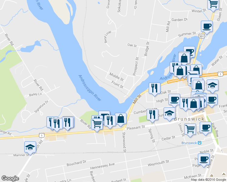 map of restaurants, bars, coffee shops, grocery stores, and more near 6 Twin Pines in Topsham