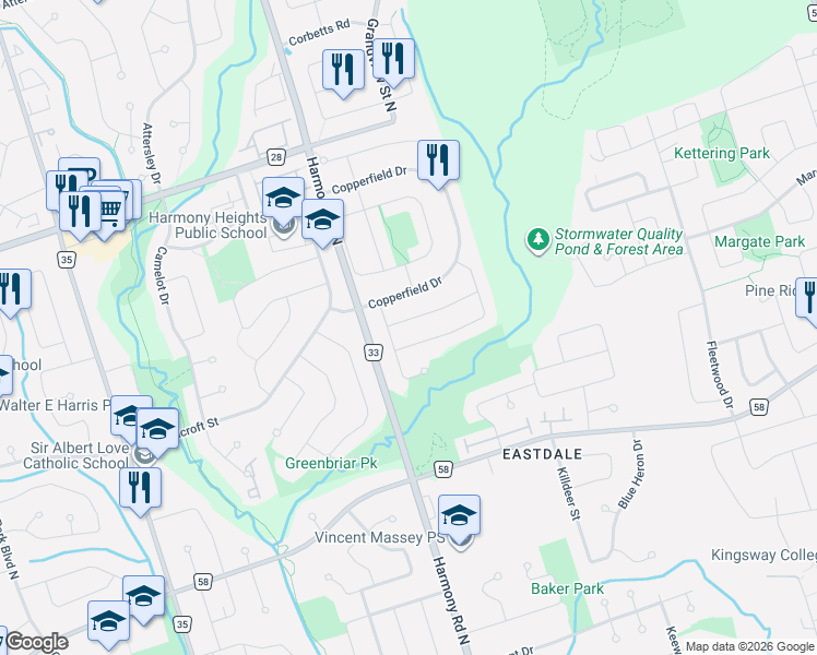 map of restaurants, bars, coffee shops, grocery stores, and more near 861 Traddles Avenue in Oshawa