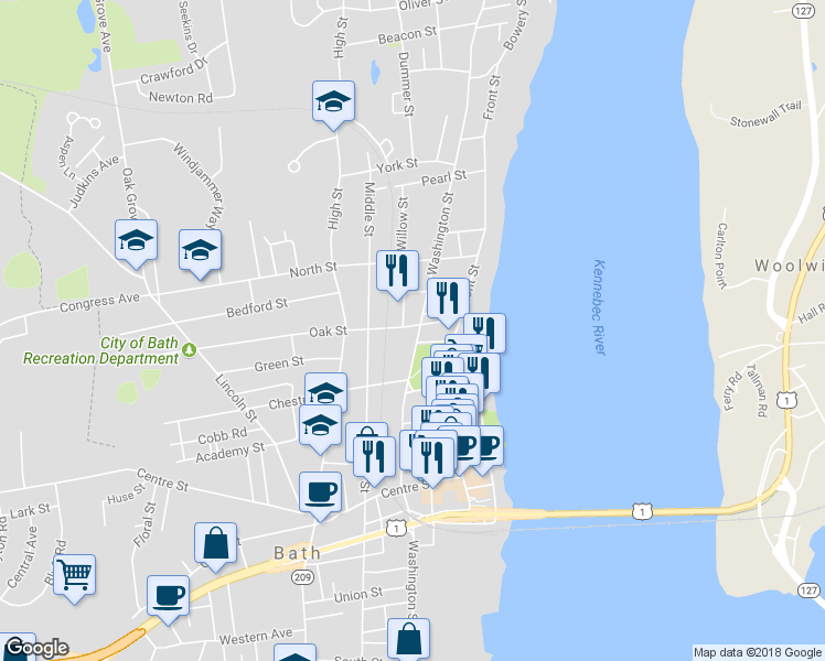 map of restaurants, bars, coffee shops, grocery stores, and more near 918 Washington Street in Bath