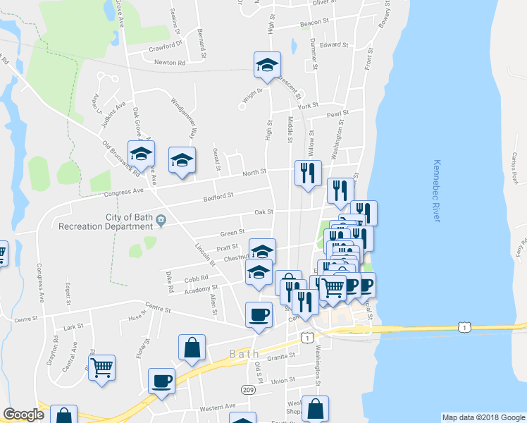 map of restaurants, bars, coffee shops, grocery stores, and more near 119 Oak Street in Bath